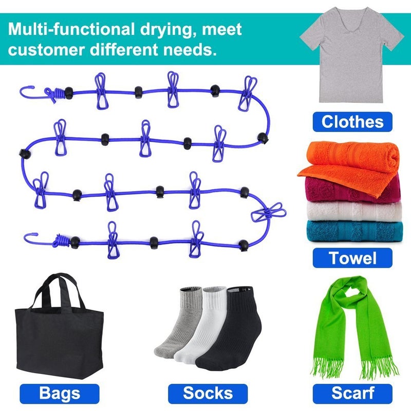 AIKESIWAY Portable Travel Clothesline, Adjustable Elastic Travel Camping Retractable Clothesline with 12pcs Clips for Outdoor and Indoor Use (Blue) - Image 3